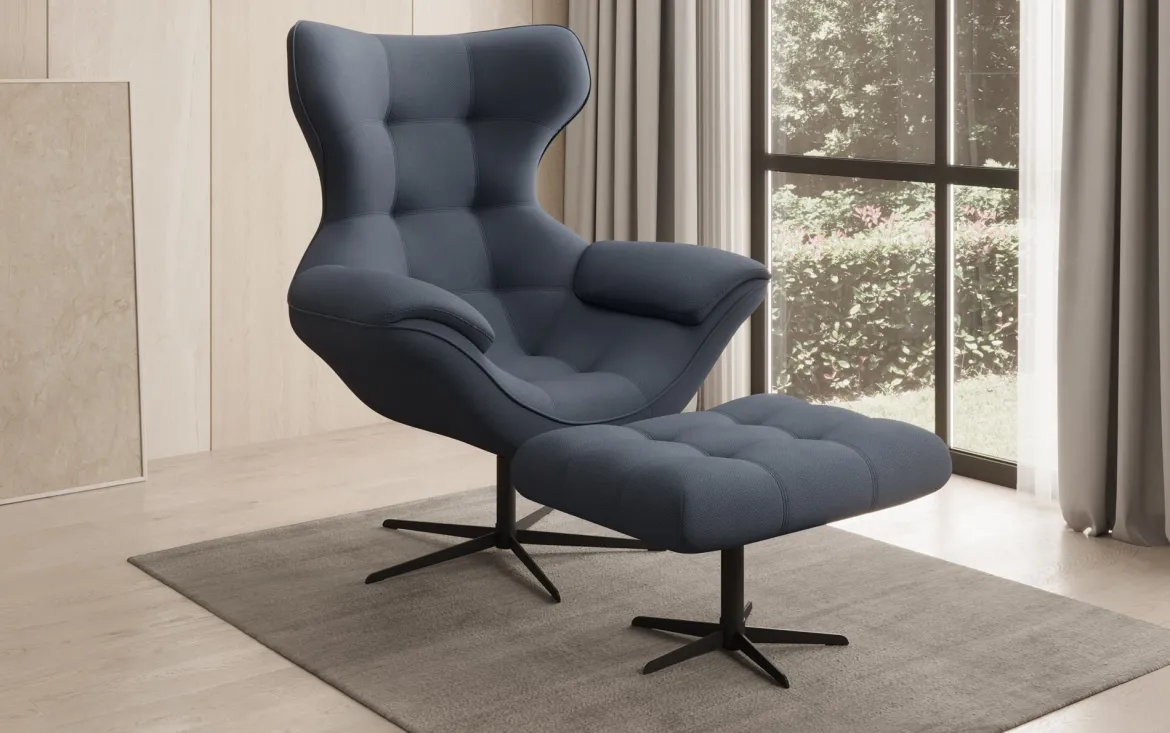 Designer Sofa-Sessel Aurelio inkl. Beistellhocker in Stoff