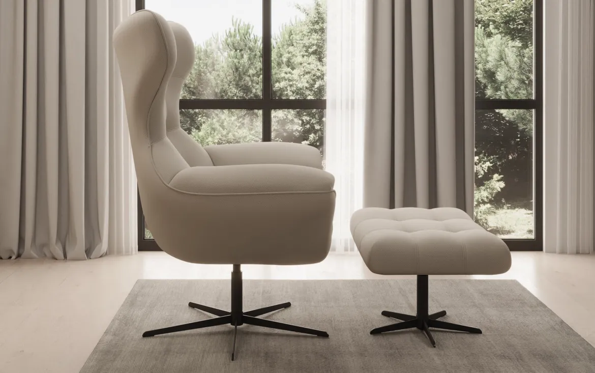 Designer Sofa-Sessel Aurelio inkl. Beistellhocker in Stoff