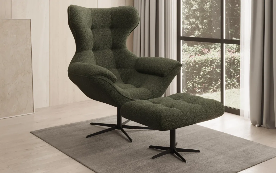 Designer Sofa-Sessel Aurelio inkl. Beistellhocker in Bouclé