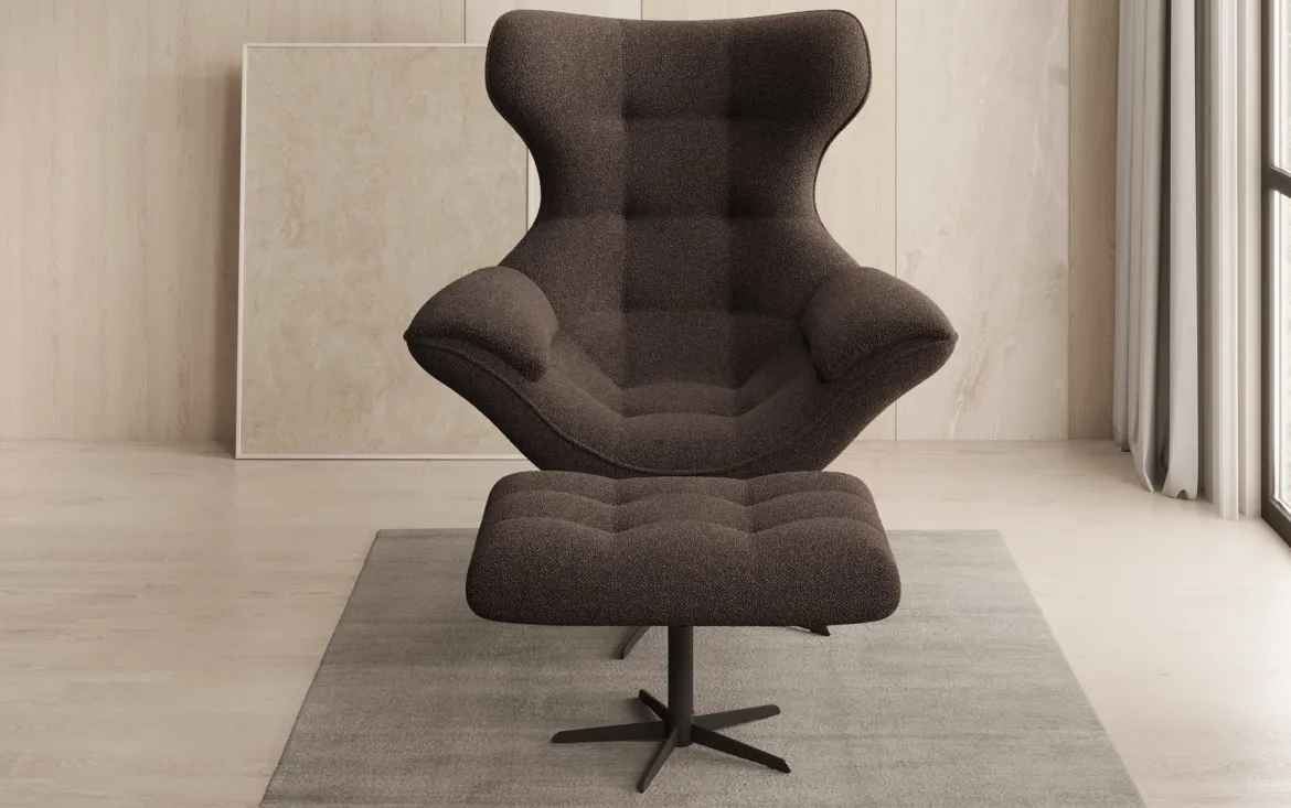 Designer Sofa-Sessel Aurelio inkl. Beistellhocker in Bouclé