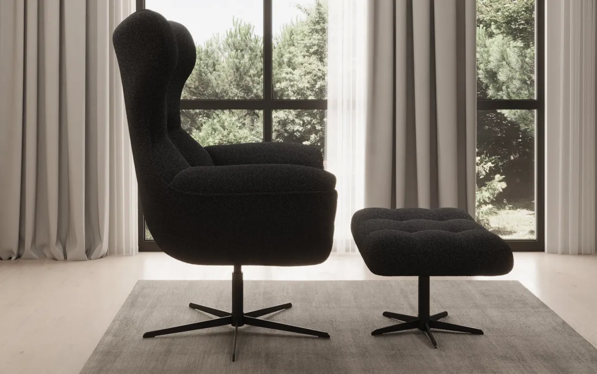 Designer Sofa-Sessel Aurelio inkl. Beistellhocker in Bouclé