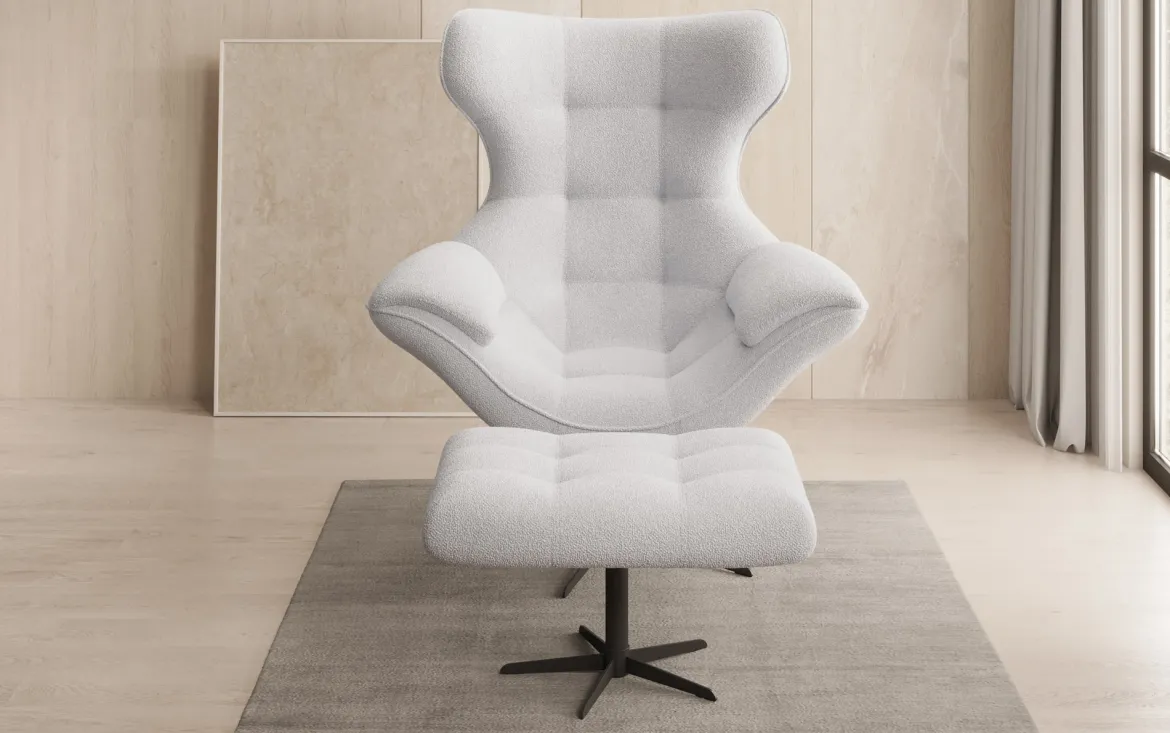 Designer Sofa-Sessel Aurelio inkl. Beistellhocker in Bouclé