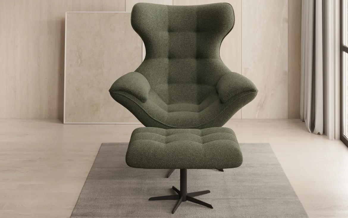 Designer Sofa-Sessel Aurelio inkl. Beistellhocker in Bouclé