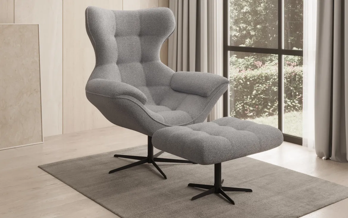 Designer Sofa-Sessel Aurelio inkl. Beistellhocker in Bouclé