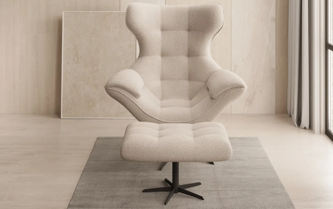 Designer Sofa-Sessel Aurelio inkl. Beistellhocker in Bouclé