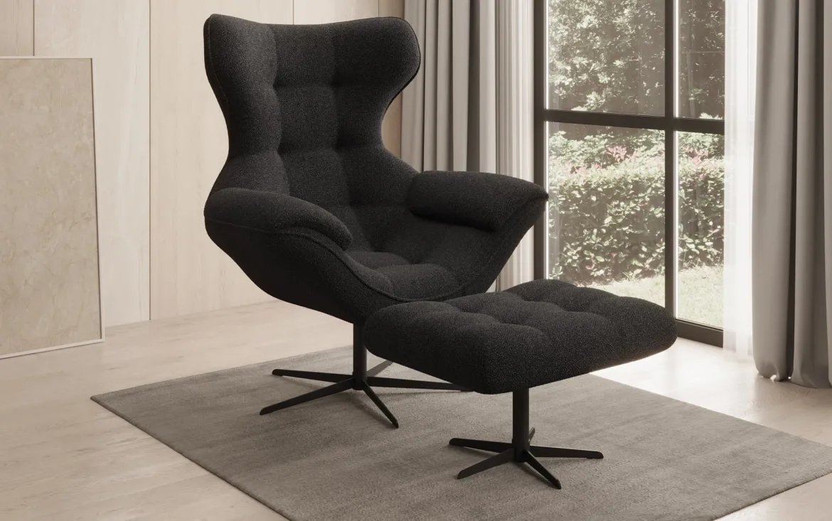 Designer Sofa-Sessel Aurelio inkl. Beistellhocker in Bouclé