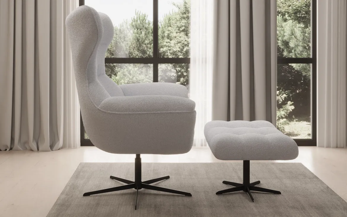 Designer Sofa-Sessel Aurelio inkl. Beistellhocker in Bouclé