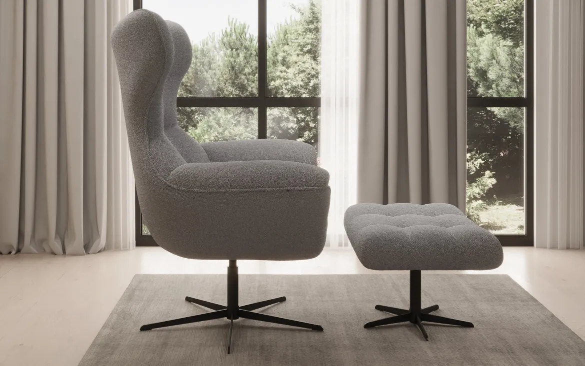 Designer Sofa-Sessel Aurelio inkl. Beistellhocker in Bouclé