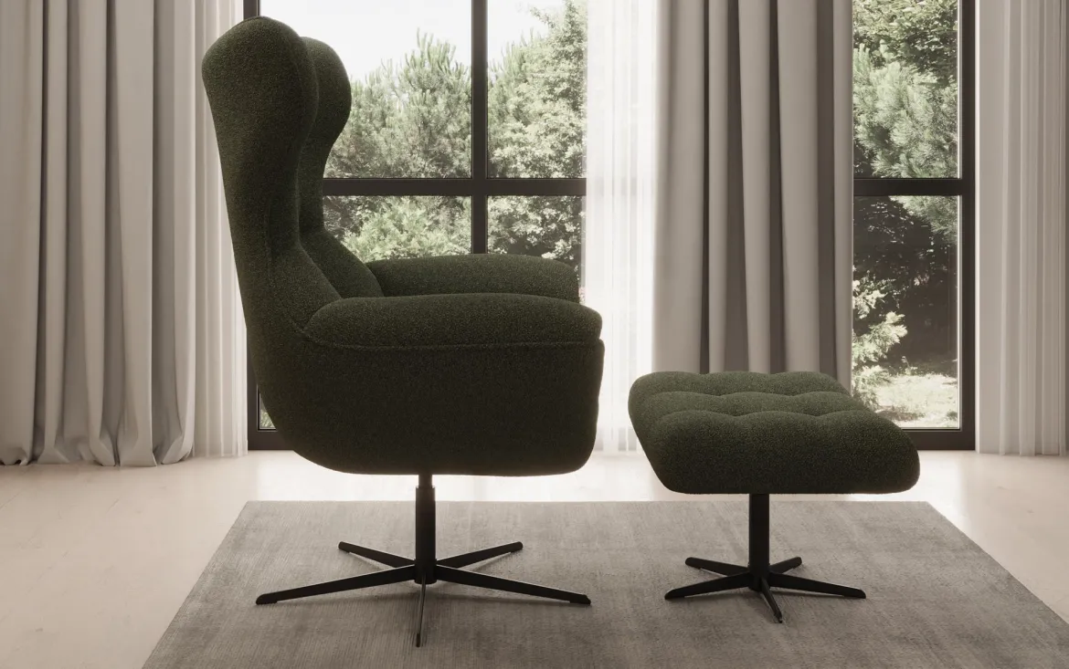 Designer Sofa-Sessel Aurelio inkl. Beistellhocker in Bouclé