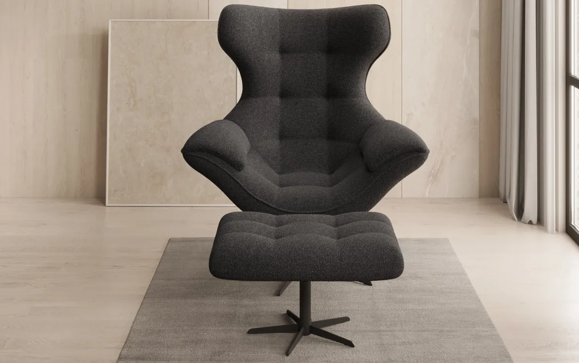 Designer Sofa-Sessel Aurelio inkl. Beistellhocker in Bouclé