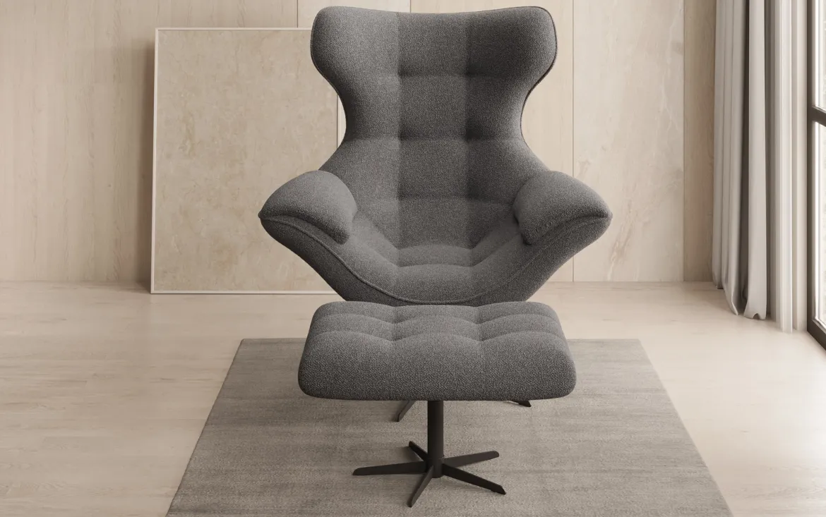 Designer Sofa-Sessel Aurelio inkl. Beistellhocker in Bouclé