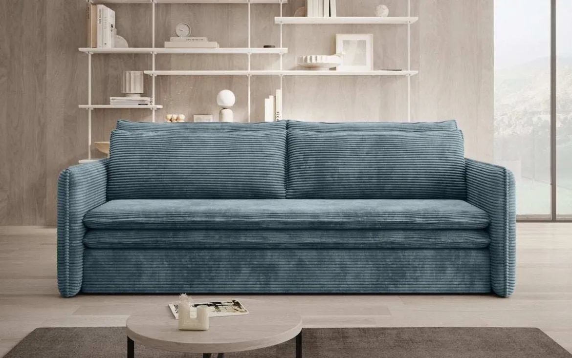 Designer Sofa Tilo Slim mit Schlaf- und Klappfunktion aus Cord