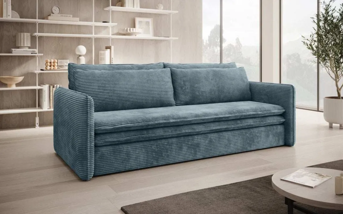 Designer Sofa Tilo Slim mit Schlaf- und Klappfunktion aus Cord