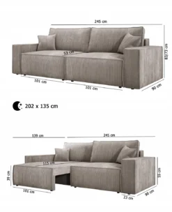 Designer Sofa Velanova 3 Sitzer Cord mit Schlaf- und Klappfunktion