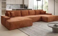 Designer Sofa Verona U mit breiter Ottomane mit Schlaffunktion und Stauraum in Cord