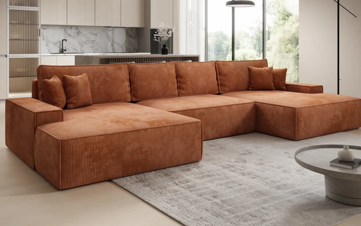 Designer Sofa Verona U mit breiter Ottomane mit Schlaffunktion und Stauraum in Cord