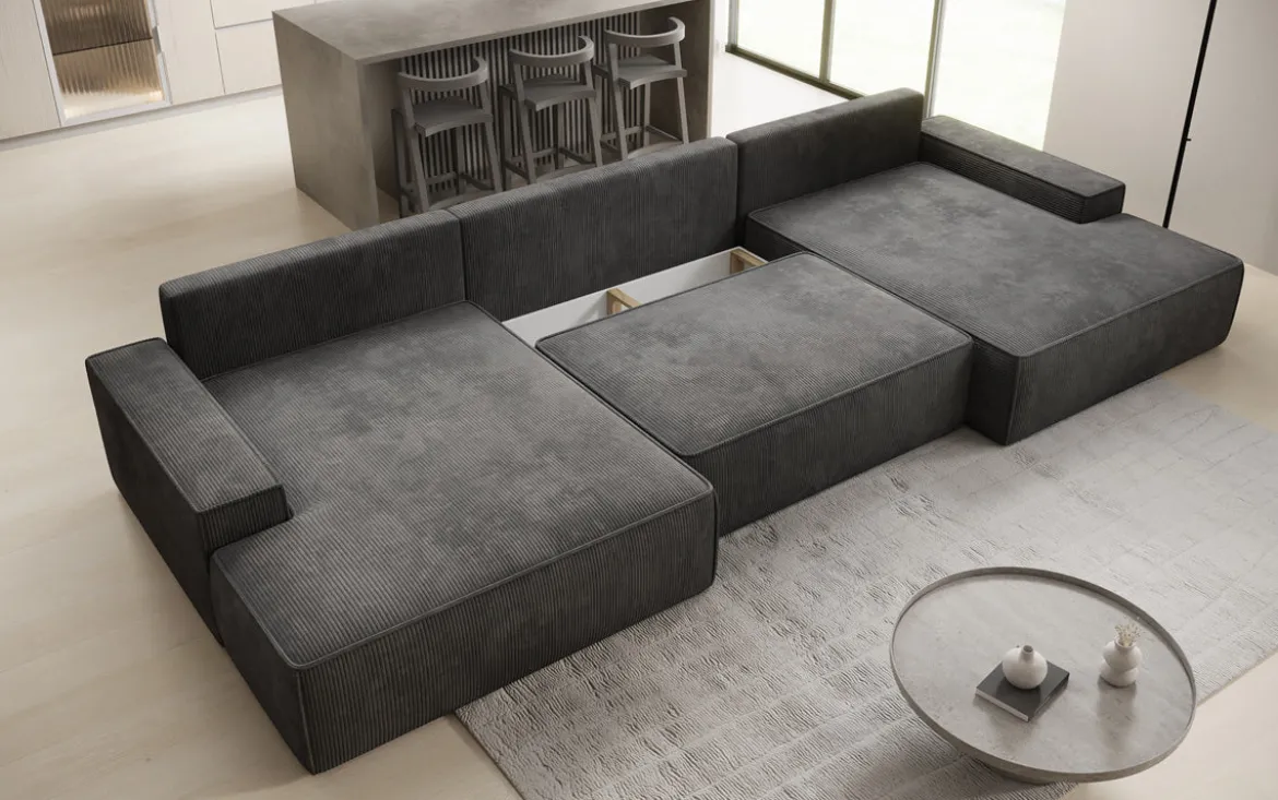 Designer Sofa Verona U mit breiter Ottomane mit Schlaffunktion und Stauraum in Cord
