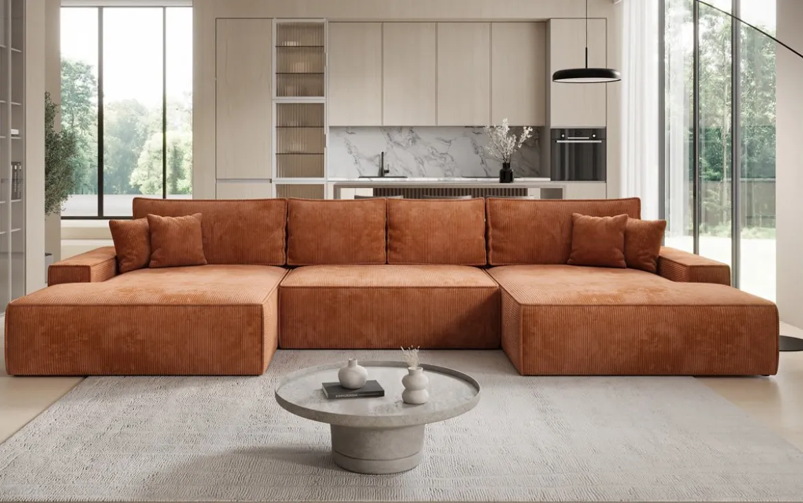 Designer Sofa Verona U mit breiter Ottomane mit Schlaffunktion und Stauraum in Cord