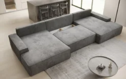 Designer Sofa Verona U mit breiter Ottomane mit Schlaffunktion und Stauraum in Cord