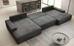 Designer Sofa Verona U mit breiter Ottomane mit Schlaffunktion und Stauraum in Cord