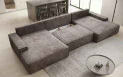 Designer Sofa Verona U mit breiter Ottomane mit Schlaffunktion und Stauraum in Cord