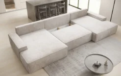 Designer Sofa Verona U mit breiter Ottomane mit Schlaffunktion und Stauraum in Cord
