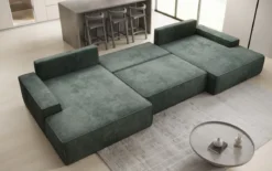 Designer Sofa Verona U mit breiter Ottomane mit Schlaffunktion und Stauraum in Cord