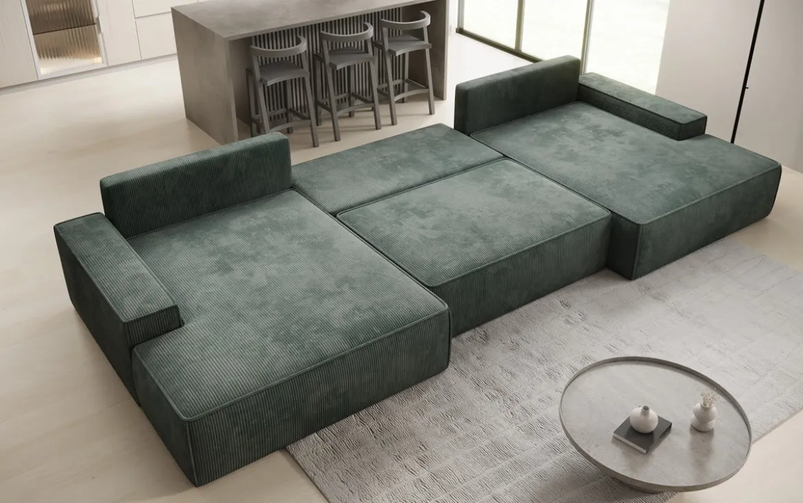 Designer Sofa Verona U mit breiter Ottomane mit Schlaffunktion und Stauraum in Cord