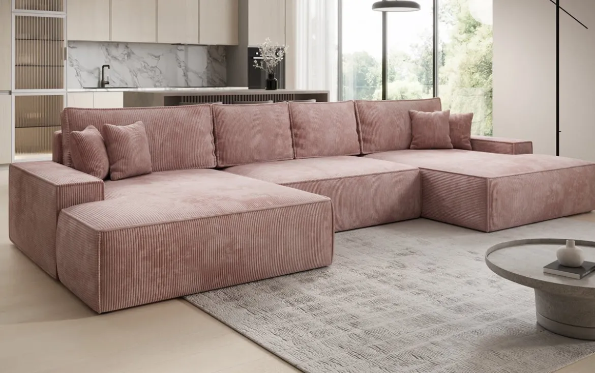 Designer Sofa Verona U mit breiter Ottomane mit Schlaffunktion und Stauraum in Cord