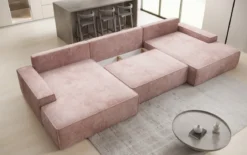 Designer Sofa Verona U mit breiter Ottomane mit Schlaffunktion und Stauraum in Cord