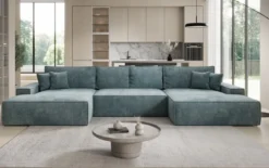 Designer Sofa Verona U mit breiter Ottomane mit Schlaffunktion und Stauraum in Cord