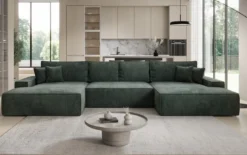Designer Sofa Verona U mit breiter Ottomane mit Schlaffunktion und Stauraum in Cord