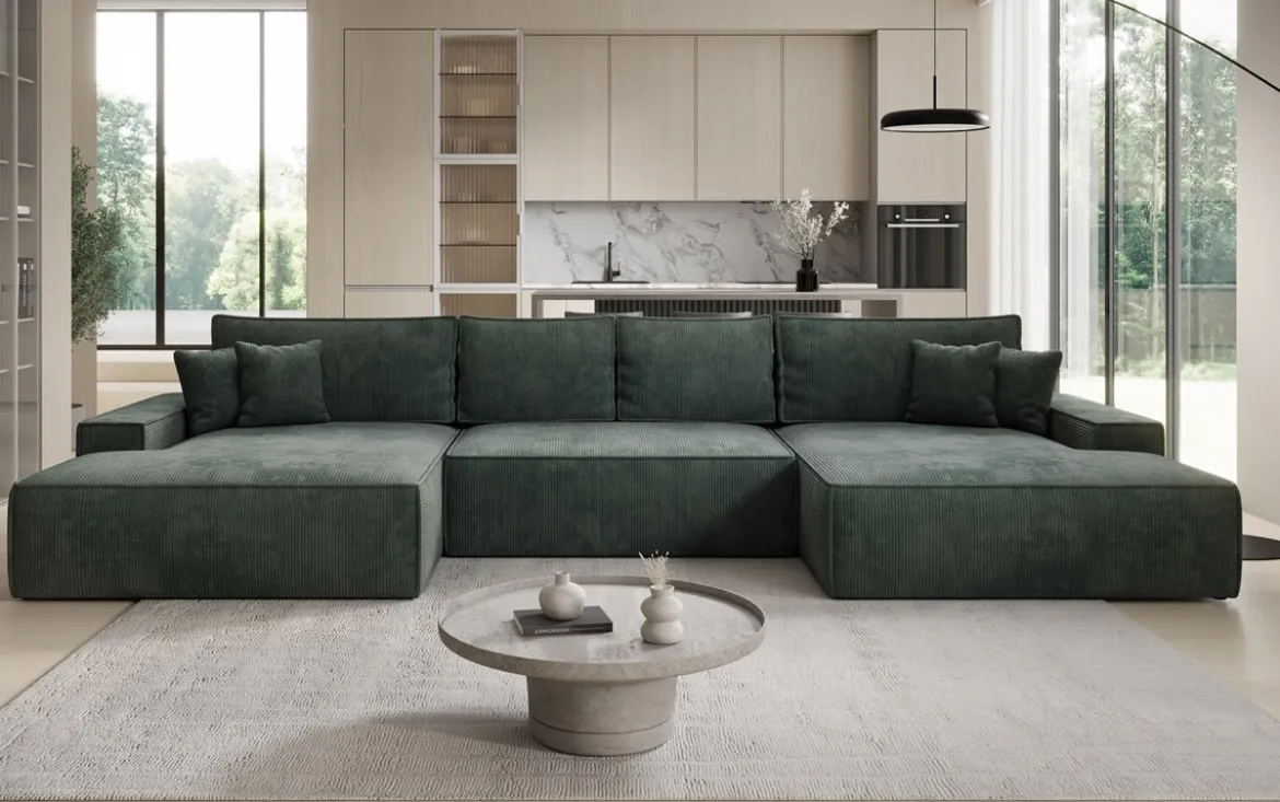Designer Sofa Verona U mit breiter Ottomane mit Schlaffunktion und Stauraum in Cord