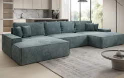 Designer Sofa Verona U mit breiter Ottomane mit Schlaffunktion und Stauraum in Cord