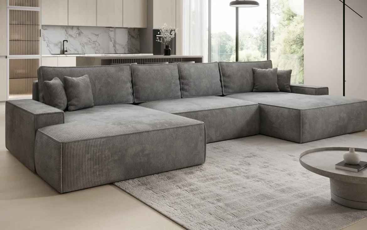 Designer Sofa Verona U mit breiter Ottomane mit Schlaffunktion und Stauraum in Cord