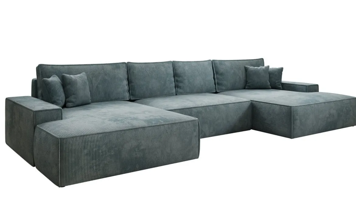 Designer Sofa Verona U mit breiter Ottomane mit Schlaffunktion und Stauraum in Cord