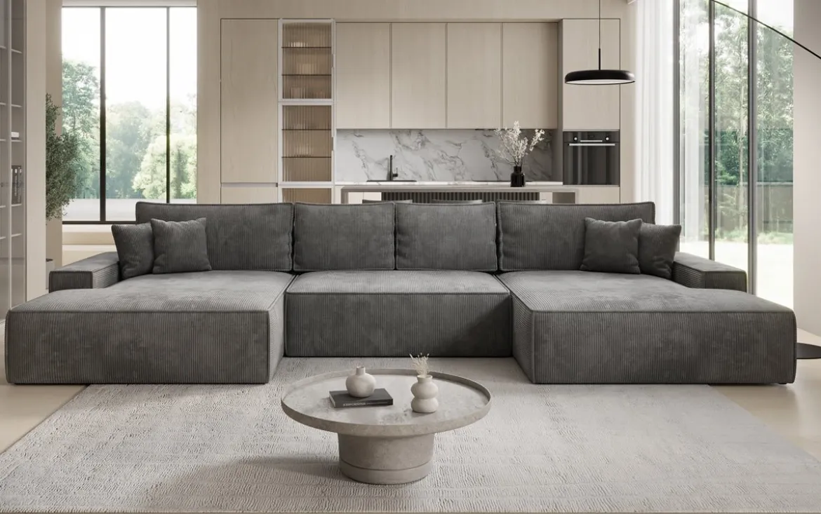 Designer Sofa Verona U mit breiter Ottomane mit Schlaffunktion und Stauraum in Cord