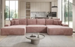 Designer Sofa Verona U mit breiter Ottomane mit Schlaffunktion und Stauraum in Cord