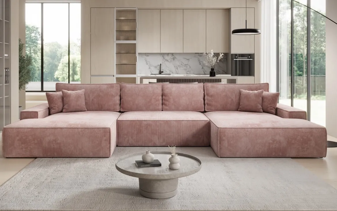 Designer Sofa Verona U mit breiter Ottomane mit Schlaffunktion und Stauraum in Cord