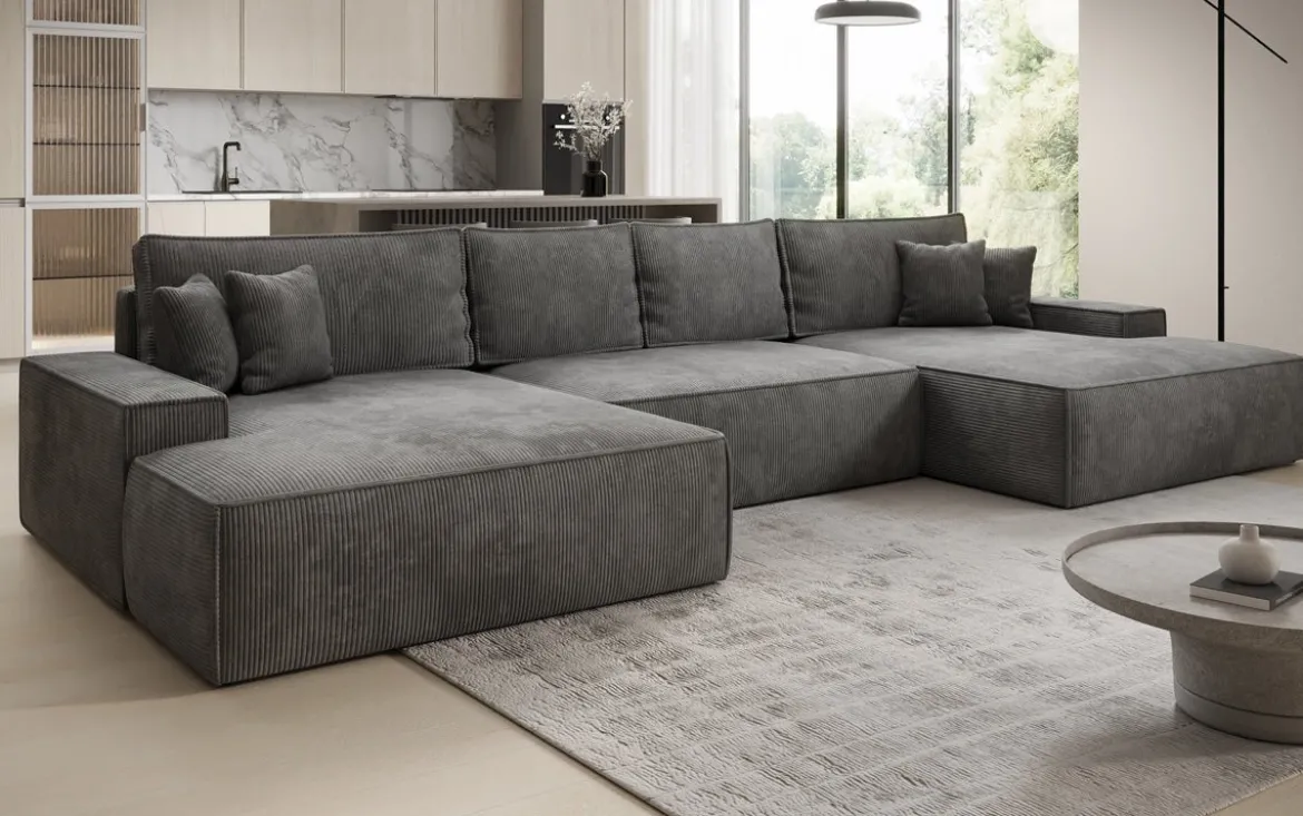 Designer Sofa Verona U mit breiter Ottomane mit Schlaffunktion und Stauraum in Cord