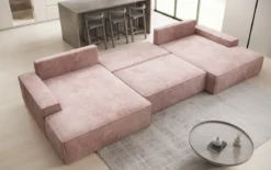 Designer Sofa Verona U mit breiter Ottomane mit Schlaffunktion und Stauraum in Cord