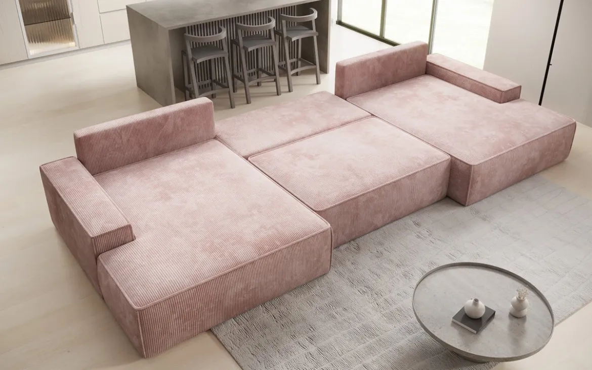 Designer Sofa Verona U mit breiter Ottomane mit Schlaffunktion und Stauraum in Cord