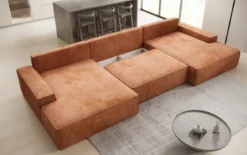 Designer Sofa Verona U mit breiter Ottomane mit Schlaffunktion und Stauraum in Cord