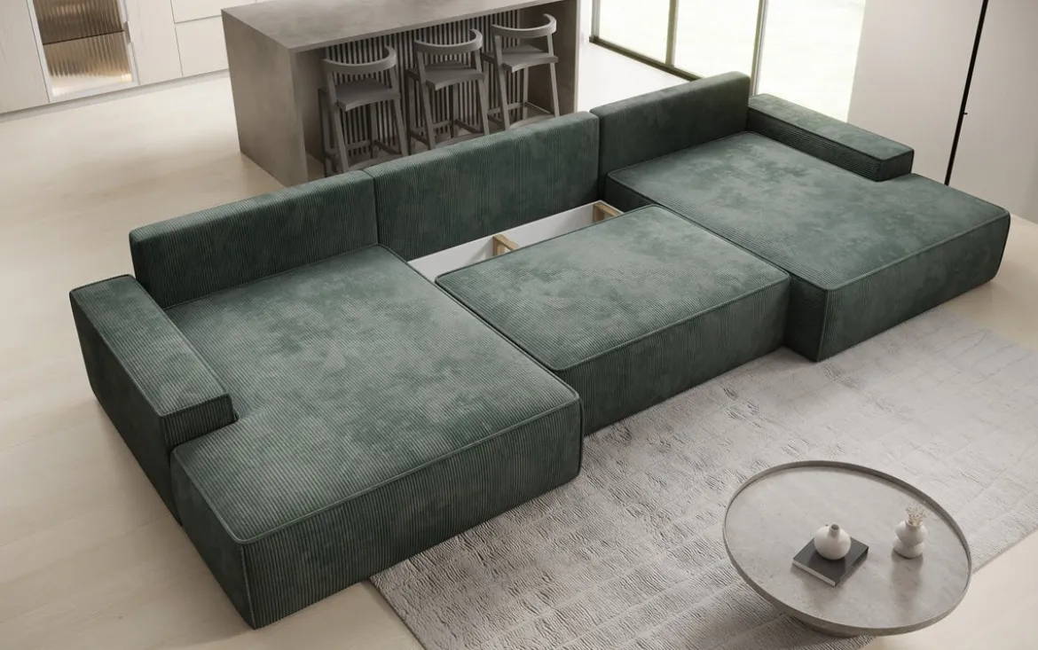Designer Sofa Verona U mit breiter Ottomane mit Schlaffunktion und Stauraum in Cord