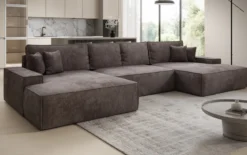 Designer Sofa Verona U mit breiter Ottomane mit Schlaffunktion und Stauraum in Cord