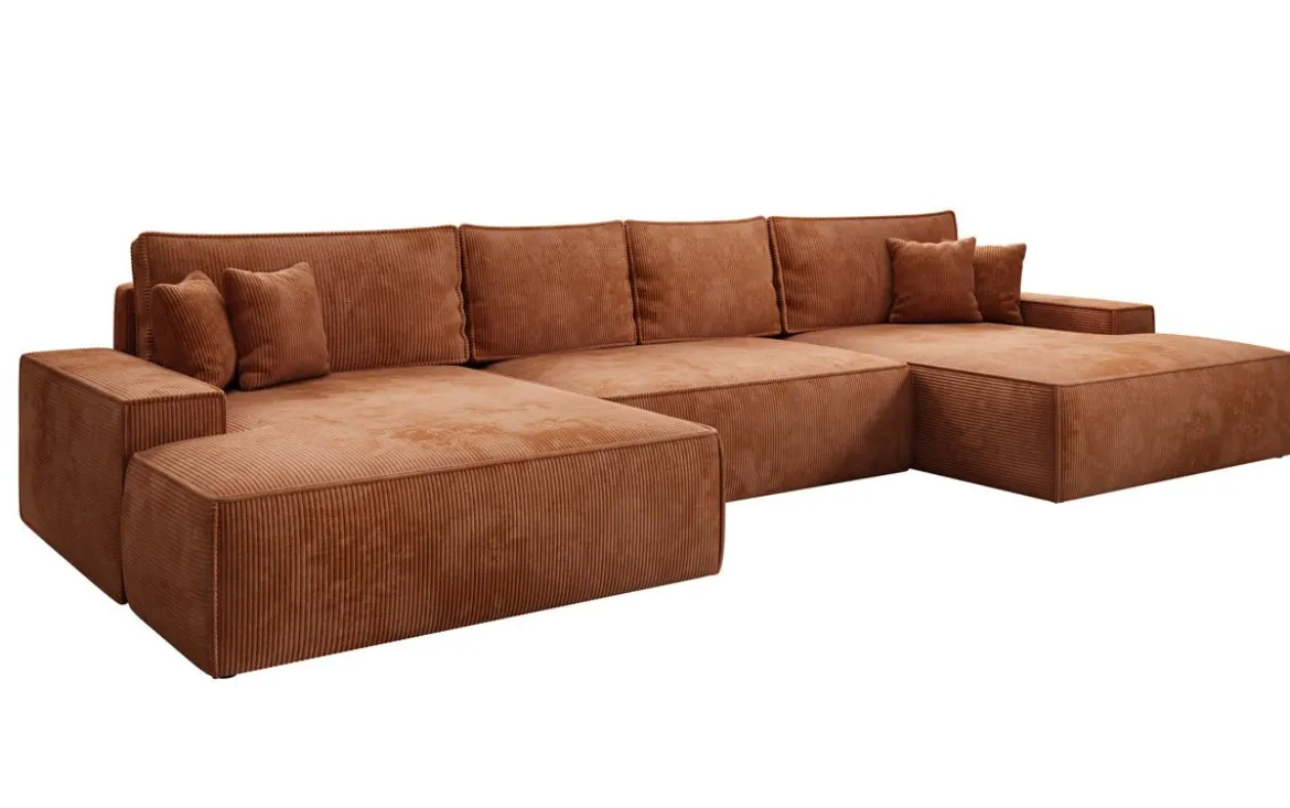 Designer Sofa Verona U mit breiter Ottomane mit Schlaffunktion und Stauraum in Cord