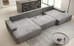Designer Sofa Verona U mit breiter Ottomane mit Schlaffunktion und Stauraum in Cord