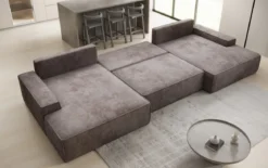 Designer Sofa Verona U mit breiter Ottomane mit Schlaffunktion und Stauraum in Cord