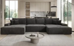 Designer Sofa Verona U mit breiter Ottomane mit Schlaffunktion und Stauraum in Cord