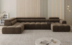 Designer Sofa Wohnlandschaft Mia mit elektrischer Sitzerweiterung in Chenille